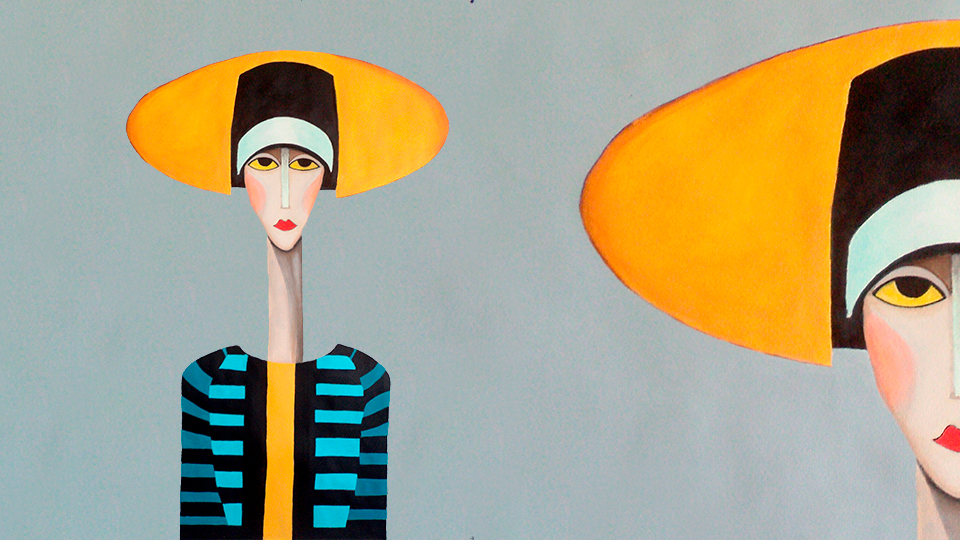 Mitad izquierda de un retrato moderno con figuras geométricas y un gran sombrero amarillo, estilo contemporáneo.