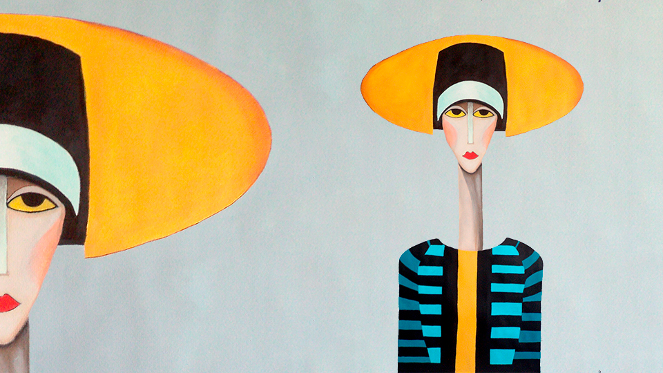 Mitad derecha de un retrato moderno con figuras geométricas y un gran sombrero amarillo, estilo contemporáneo.