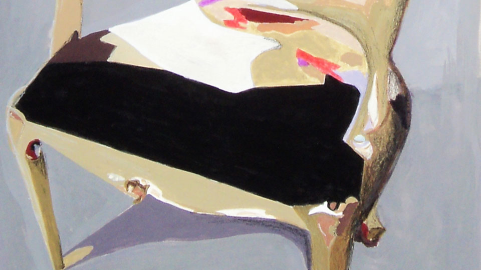 Detail of abstract painting of an armchair with geometric shapes and color contrast, contemporary artwork by Antonio Abril.
