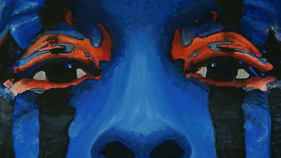 Close-up of blue face with red and black eyes, detail from Antonio Abril's contemporary ethnic art collection.