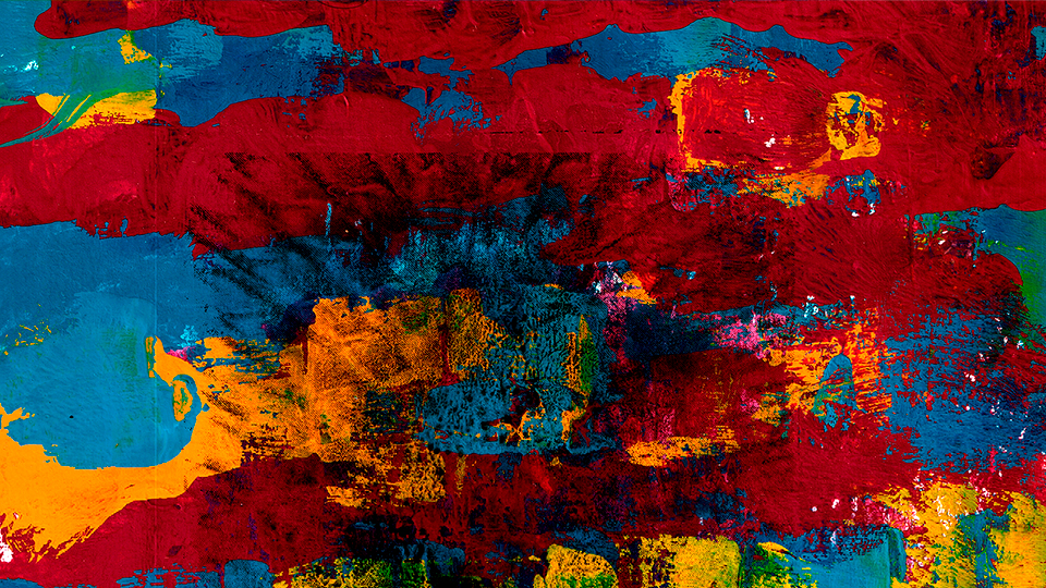 Expressionist abstract painting with overlapping brushstrokes in vibrant colors, contemporary artwork by Antonio Abril.