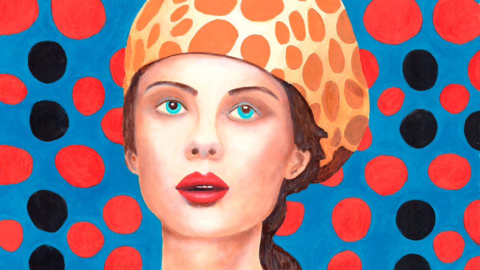 Modern art portrait of a woman with polka dot hat and vibrant dotted background