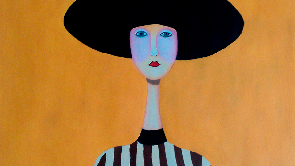 Modern art portrait of long neck woman with wide black hat and striped dress on orange background