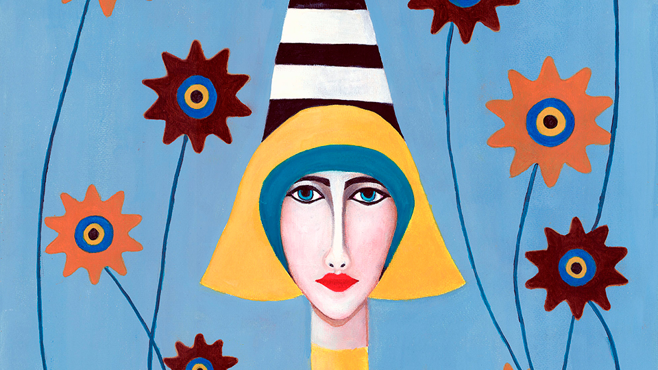 Surreal painting of a woman with yellow hat, striped cone and flowers on a blue background