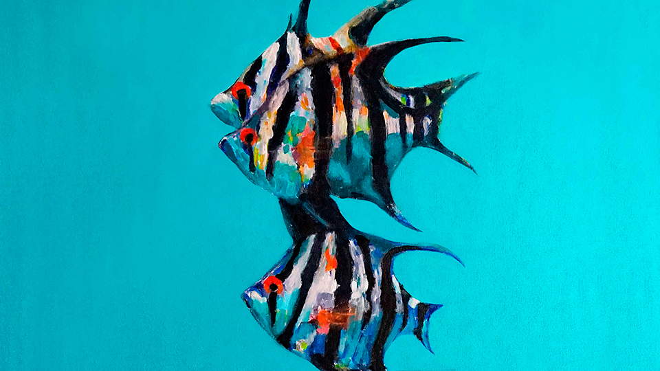 Colorful painting of striped tropical fish on a turquoise blue background.